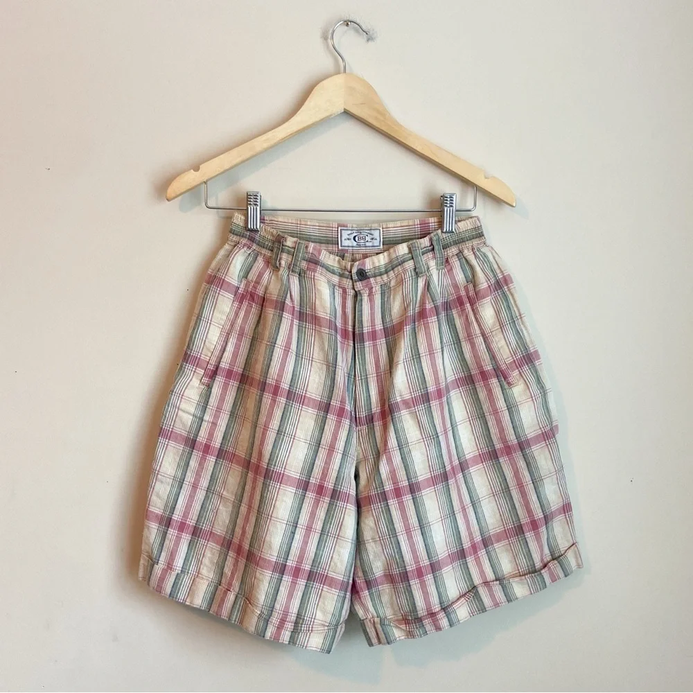 Vintage Plaid Cotton Shorts in Cream, Pink & Green